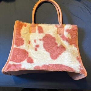 Pink  and white cow print tote bag